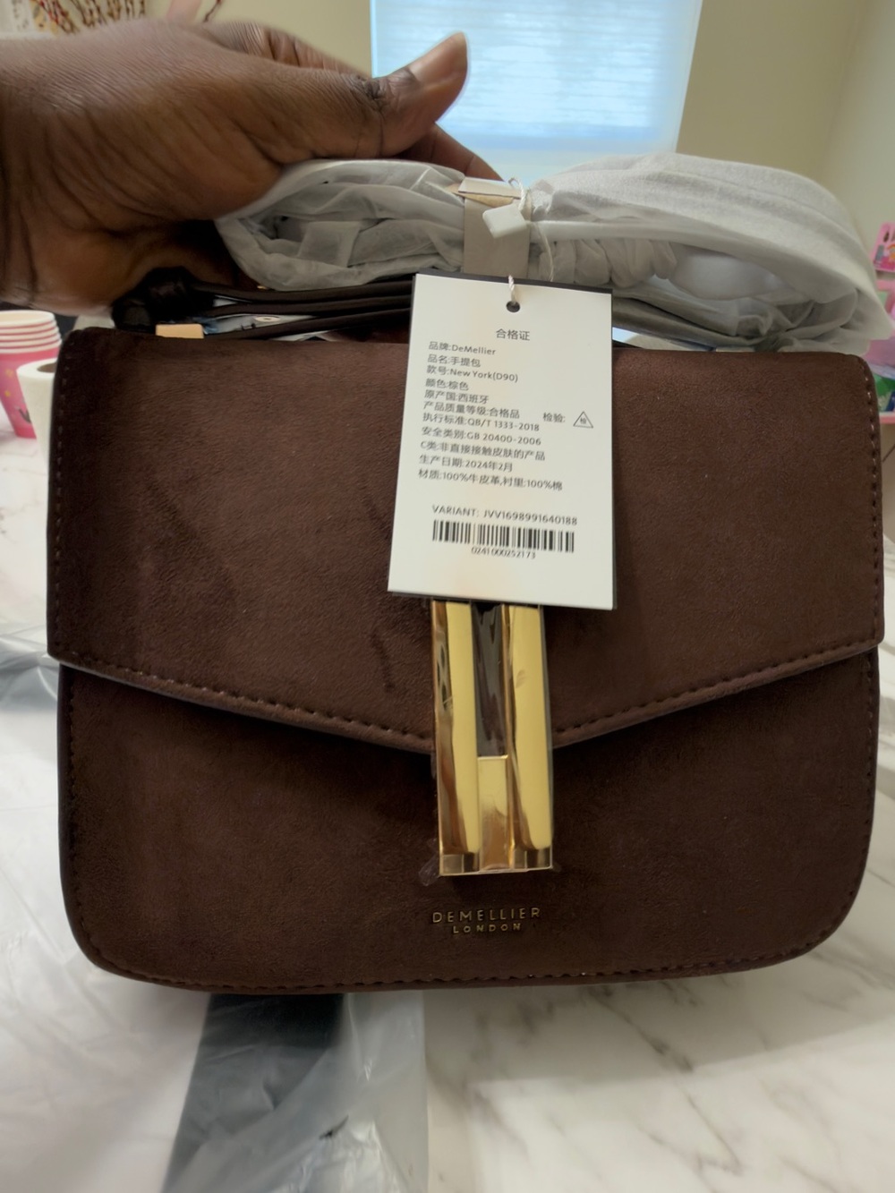 DeMellier Chocolate Brown Suede Crossbody with Gold Hardware